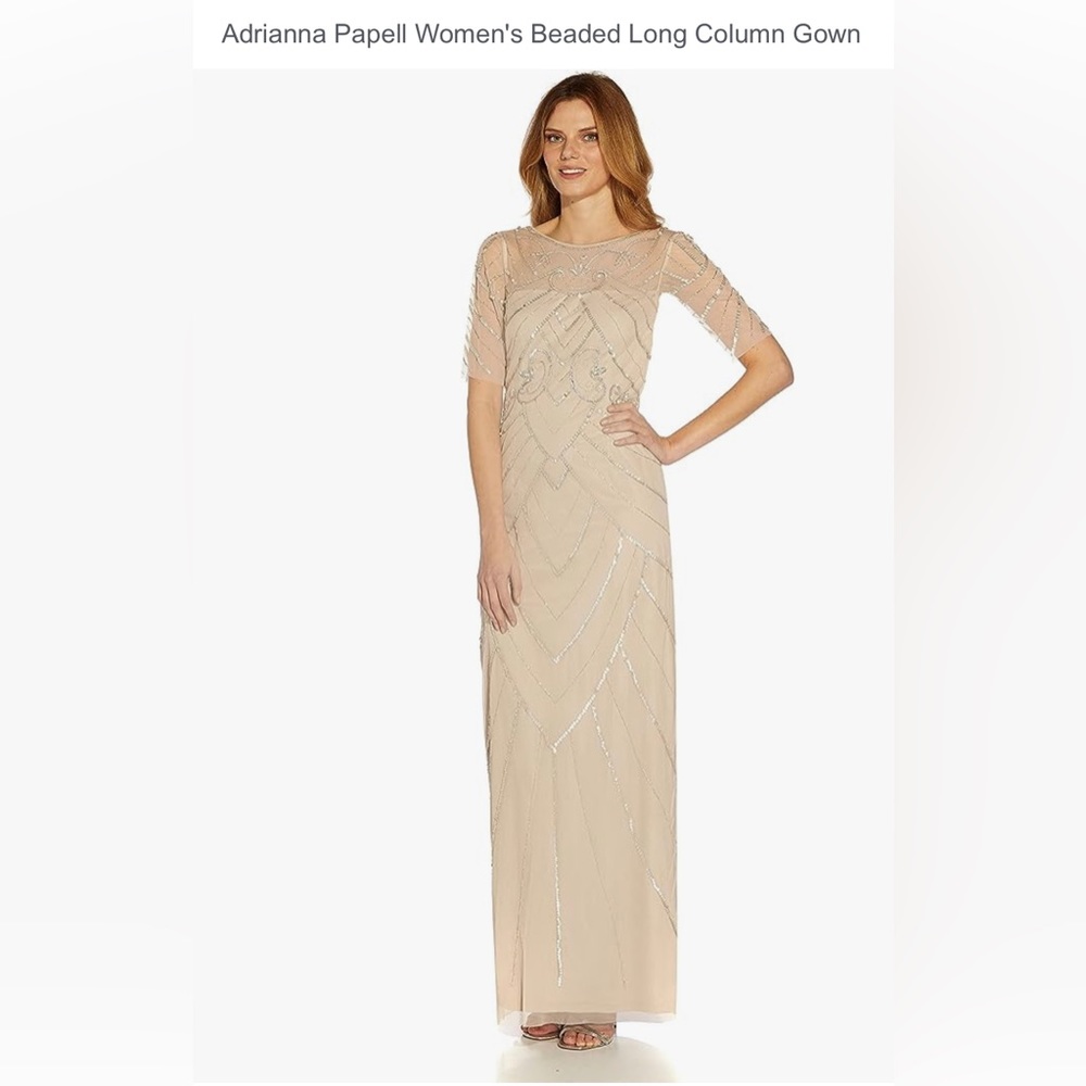 NWT PAPELL Studio biscotti color beaded long column gown elbow sleeves